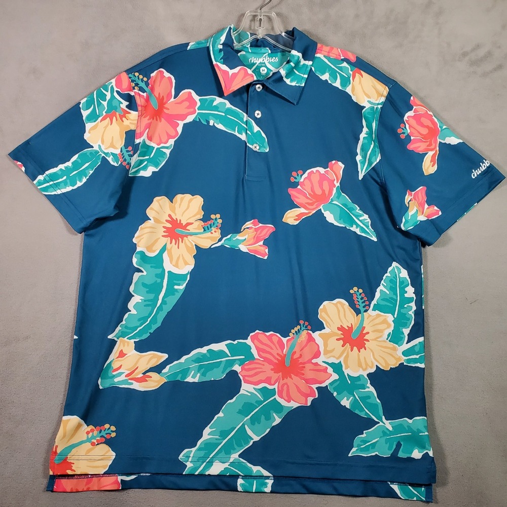 Chubbies Polo Shirt Mens Medium Blue Floral Tropical Performance Vacation Golf